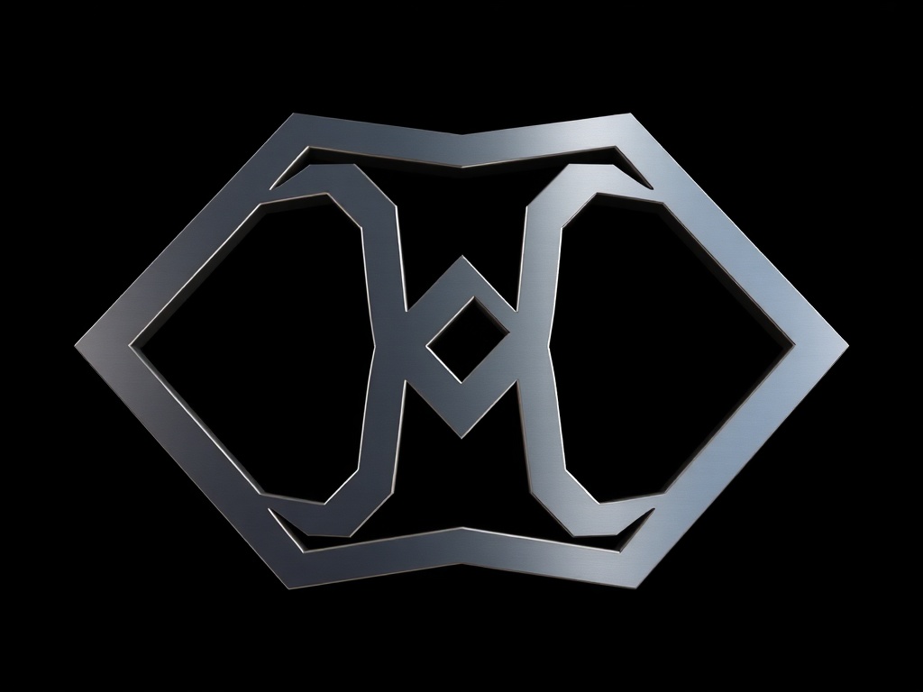 A stylized abstract logo of interlocking geometric shapes, metallic finish, subtle shadows against a dark background, photorealistic, 8k