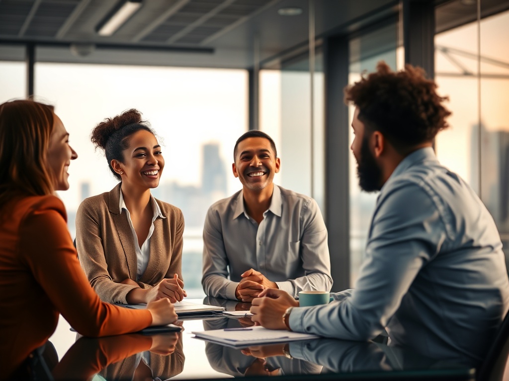 Diverse team of three in a modern glass boardroom, genuine laughter and collaboration, warm ambient lighting, city skyline blurred in background, photorealistic, 8k