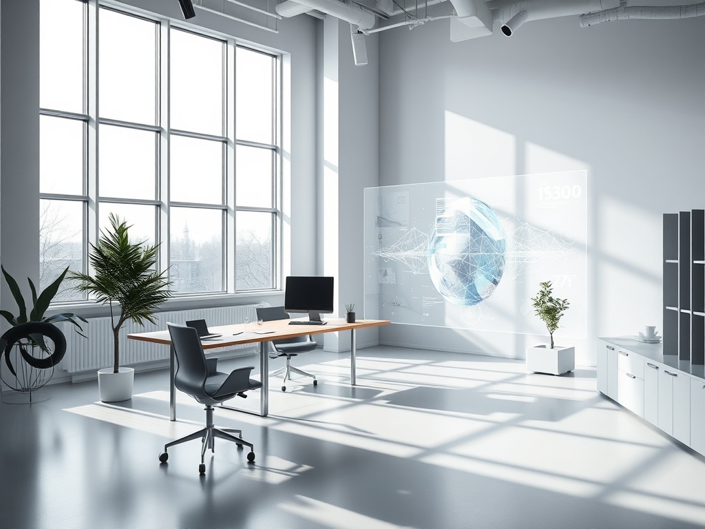 A sleek, minimalist Scandinavian workspace bathed in natural light from floor-to-ceiling windows, a glowing abstract data visualization on a transparent screen, soft shadows, photorealistic, 8k, commercial photography style